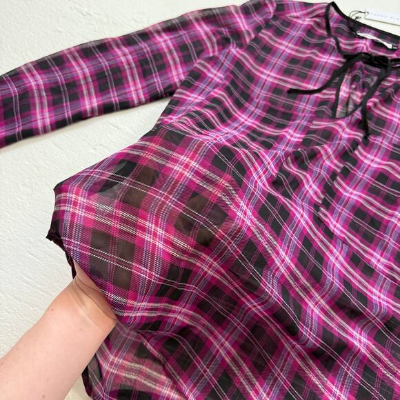 Three Eighty Two Plaid Sheer Tie Front Blouse Size XS NWT Made in USA - Picture 4 of 6